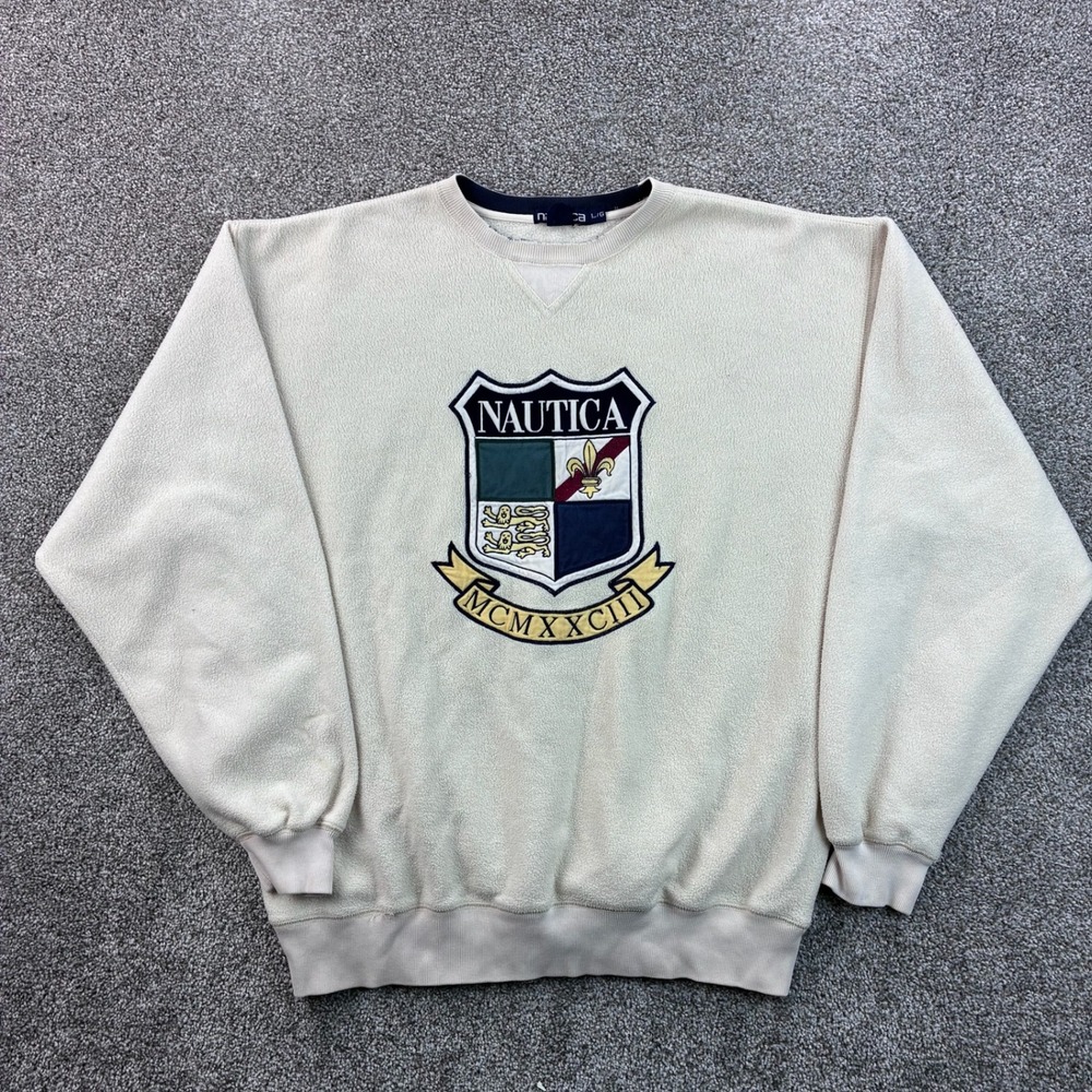 Vintage Nautica Fleece Sweatshirt Mens Large Beige Crest Logo Patch Pullover